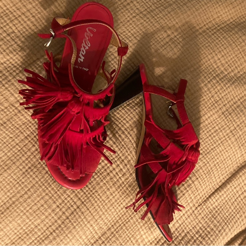Leather (suede) bright red sandals with fringes, like new.